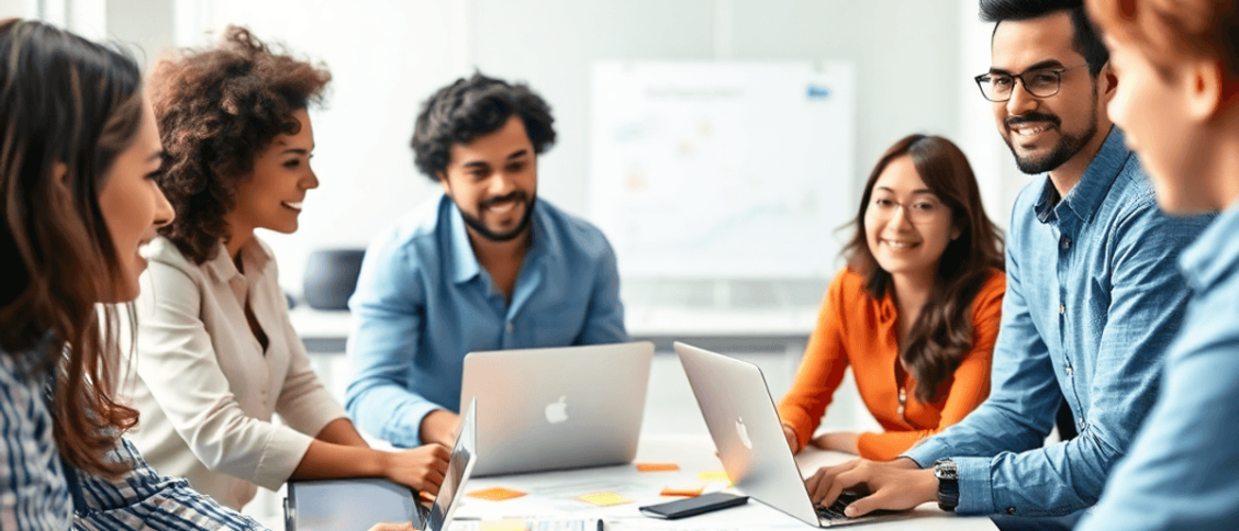 A diverse group of entrepreneurs collaborates around a table with laptops and charts in a bright, modern workspace, symbolizing innovation and team...