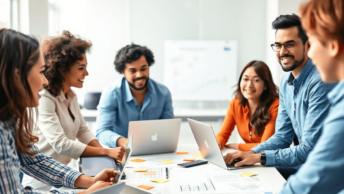 A diverse group of entrepreneurs collaborates around a table with laptops and charts in a bright, modern workspace, symbolizing innovation and team...