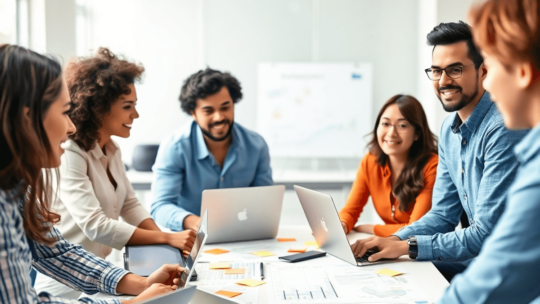 A diverse group of entrepreneurs collaborates around a table with laptops and charts in a bright, modern workspace, symbolizing innovation and team...