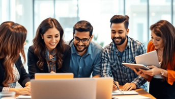 A diverse group of small business owners collaborates at a table with laptops and notebooks in a bright, modern workspace, exuding positivity and m...
