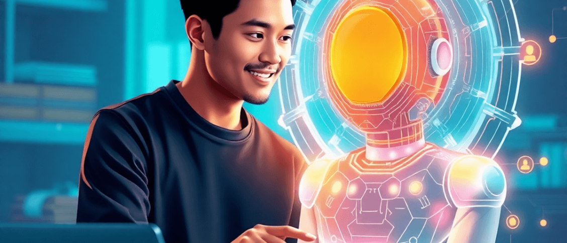 A human collaborating with a futuristic AI hologram in a vibrant setting, symbolizing teamwork and creativity in decision-making. Bright colors enh...