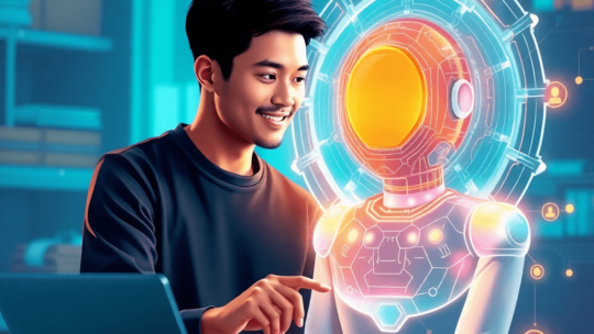 A human collaborating with a futuristic AI hologram in a vibrant setting, symbolizing teamwork and creativity in decision-making. Bright colors enh...