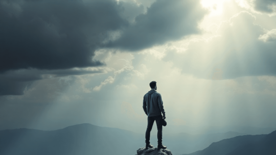 A lone figure in modern attire stands atop a mountain peak, gazing over a vast dystopian landscape as dark clouds part, revealing rays of sunlight ...