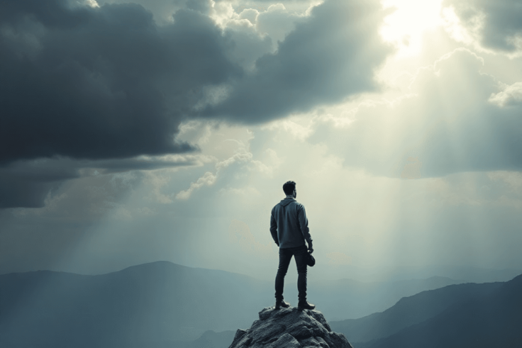 A lone figure in modern attire stands atop a mountain peak, gazing over a vast dystopian landscape as dark clouds part, revealing rays of sunlight ...