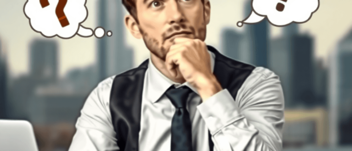 A pensive entrepreneur sitting at a desk with a laptop, notepad, and coffee cup, gazing thoughtfully towards a blurred city skyline in the background.