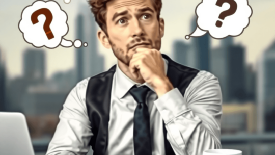 A pensive entrepreneur sitting at a desk with a laptop, notepad, and coffee cup, gazing thoughtfully towards a blurred city skyline in the background.
