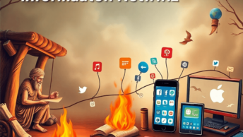 A timeline illustrating the evolution of information networks, from an ancient storyteller by a fire to modern digital devices, blending historical...