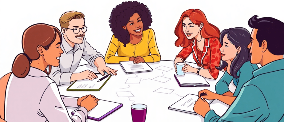 A vibrant illustration of a diverse group collaborating around a table, brainstorming ideas with notebooks, laptops, and coffee cups in a bright, i...