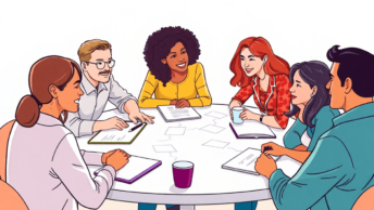 A vibrant illustration of a diverse group collaborating around a table, brainstorming ideas with notebooks, laptops, and coffee cups in a bright, i...